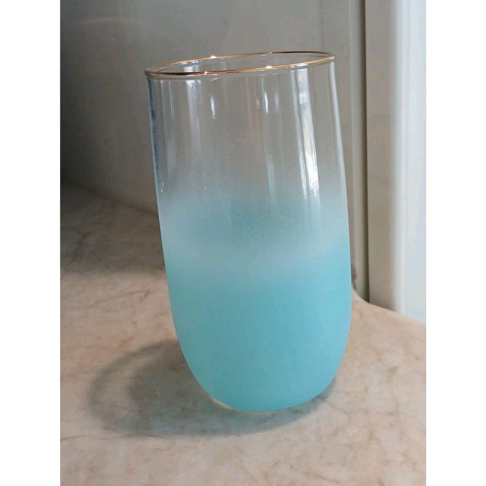 1950 West Virginia Blendo Water Glass Tumbler Frosted‎ Turquoise Gold Party MCM